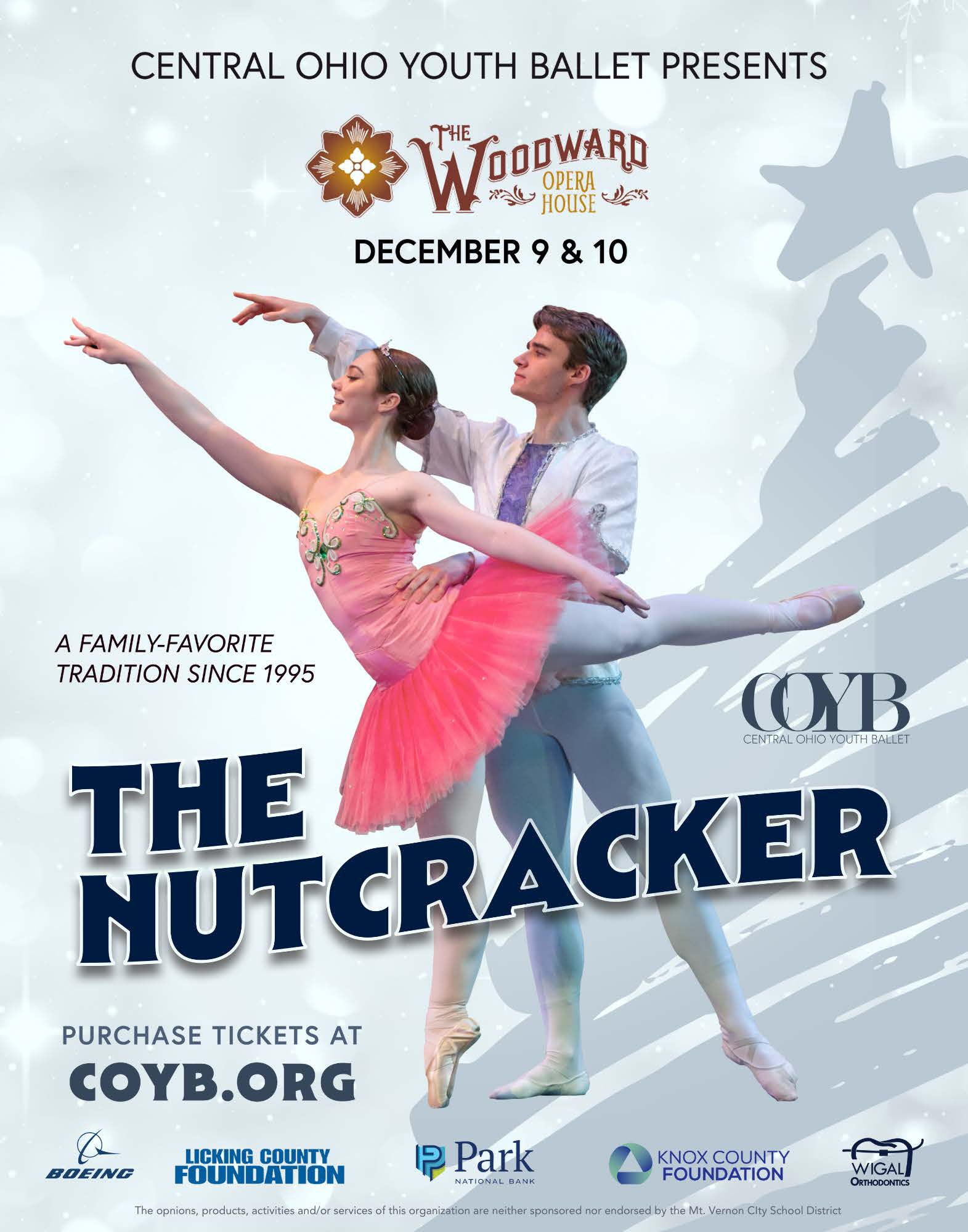 The Nutcracker ballet poster with two dancers.